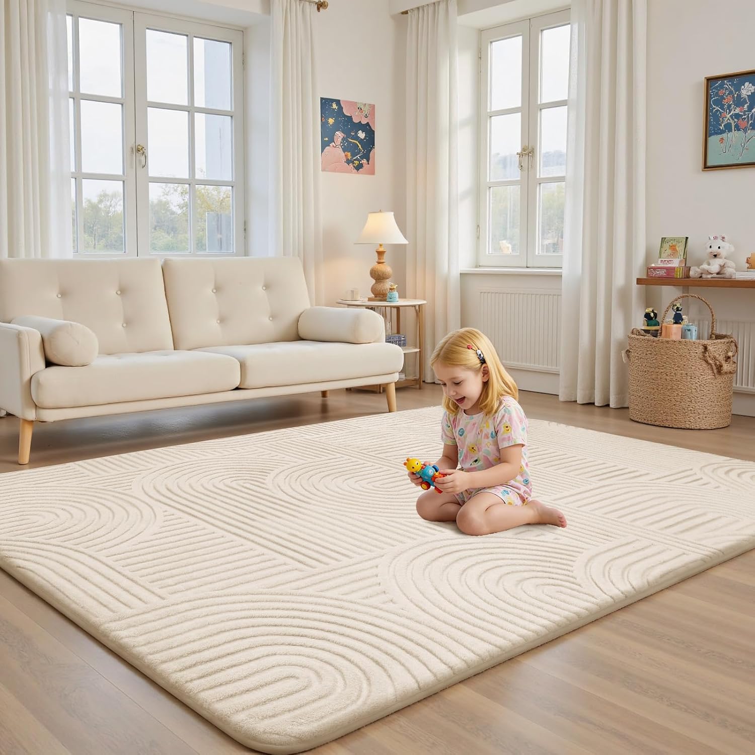 Sour Lemon 8x10 Area Rugs for Living Room, Machine Washable Rugs for Bedroom, Soft Large Area Rug Modern Geometric, Non-slip White Rug Carpet, Indoor Rug for kids Room Dorm Office Home Decor Aesthetic