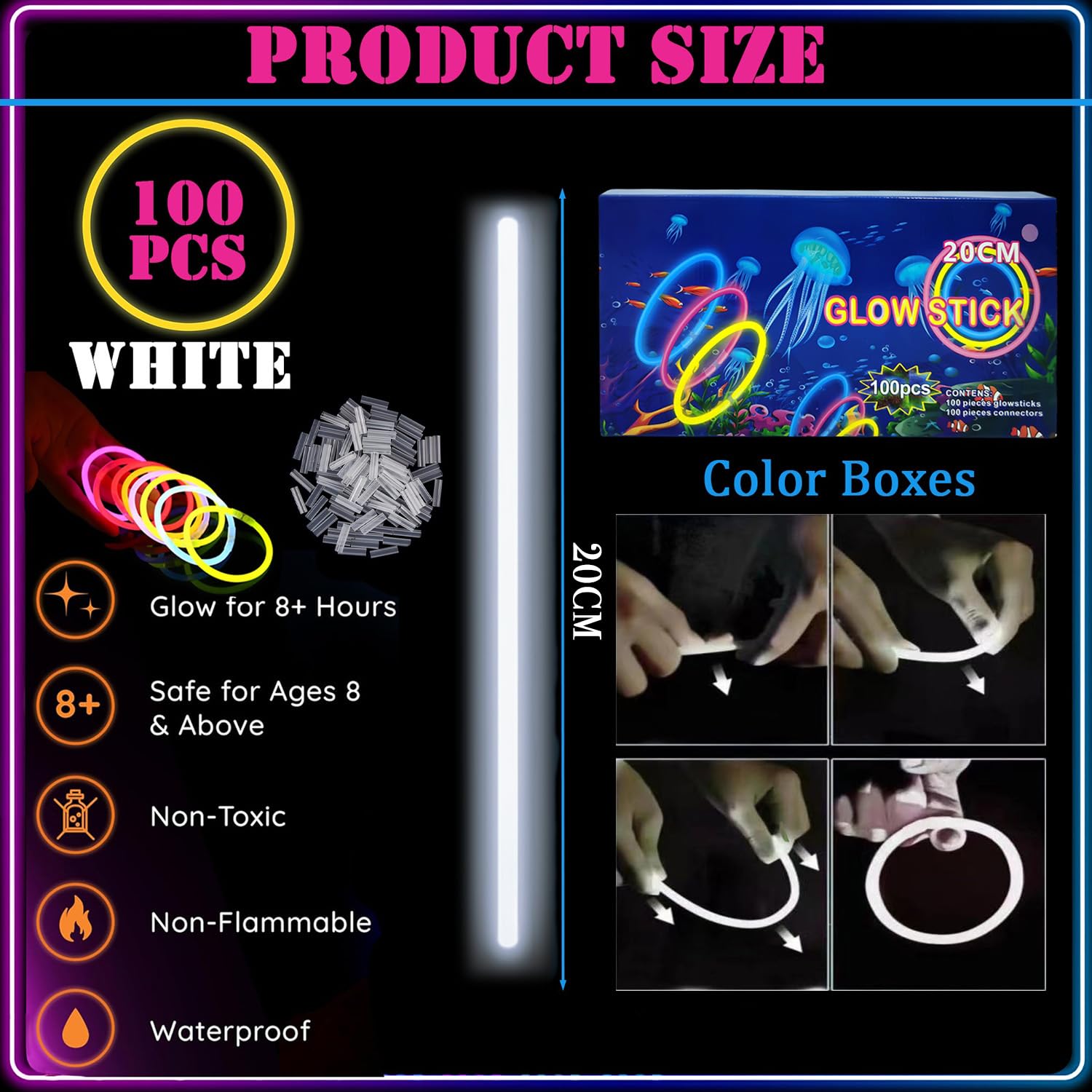 100Pcs Glow Sticks Party Packs with Connectors,20cm Glowsticks,Glow in the Dark Supplies,Long Lasting Glow Stick Necklaces Bracelets Glasses Accessories for Kids Adults Easter Party Supplies-White - Image 2
