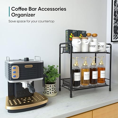 Miniatura 3 de Organizador de estación de café para encimera, organizador de barra de café, estantes de accesorios para encimera de cocina de 2 niveles (negro)