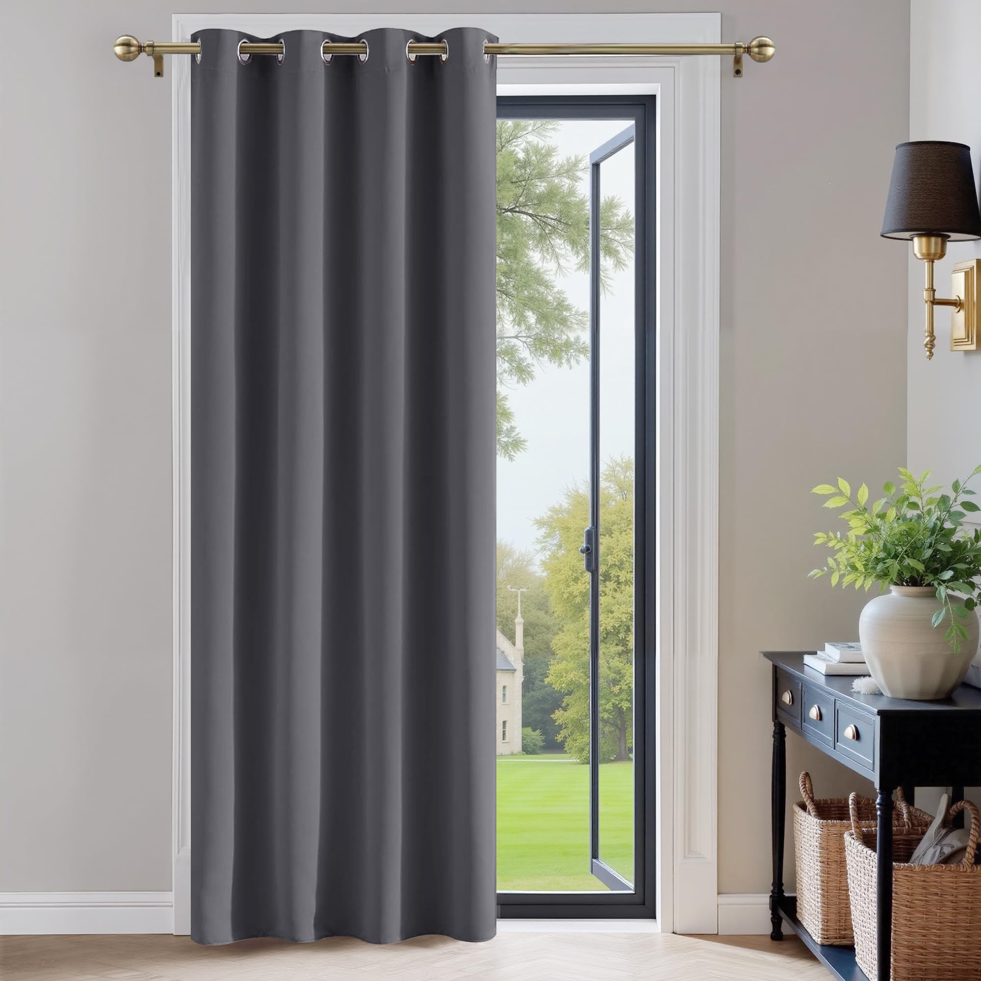 PONY DANCE Blackout Curtain with Eyelet - Grey 52 x 84 Inch Long Door Curtain for Bedroom Thermal Insulated Soundsproof Privacy Single Drape for Living Room, 1 Panel, GrayGlobal Recycled StandardOEKO-TEX STANDARD 100Global Recycled StandardGlobal Recycled Standard