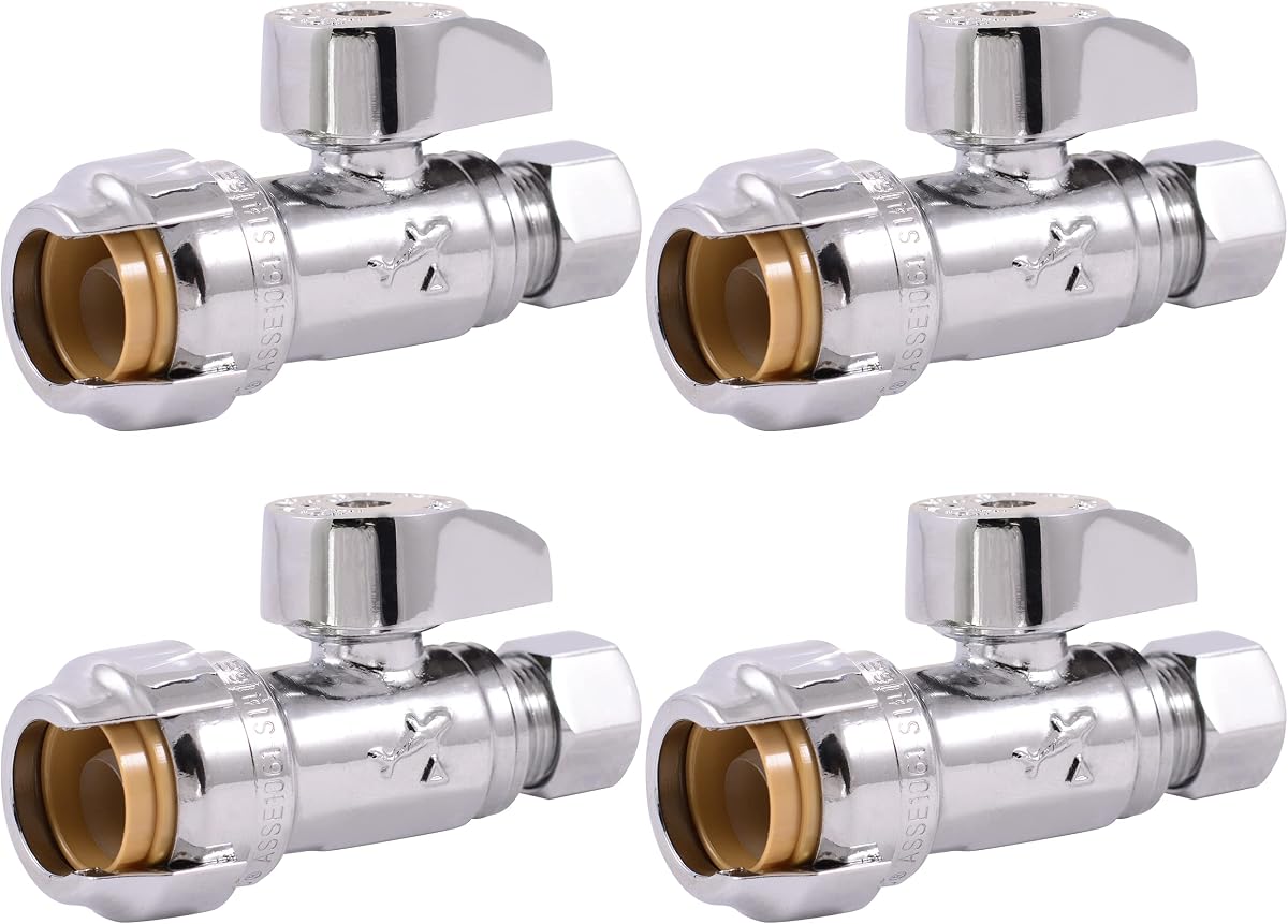 1/2 x 3/8 Inch Compression Straight Stop Valve, Pack of 4, Quarter Turn, Push to Connect Brass Plumbing Fitting, PEX Pipe, Copper, CPVC, PE-RT, HDPE, 23037LFA4