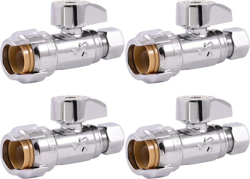 1/2 x 3/8 Inch Compression Straight Stop Valve, Pack of 4, Quarter Turn, Push to Connect Brass Plumbing Fitting, PEX Pipe, Copper, CPVC, PE-RT, HDPE, 23037LFA4