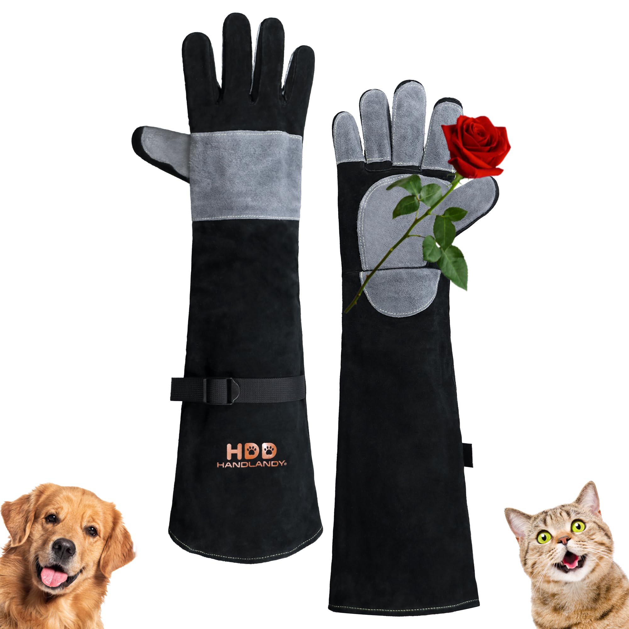 HANDLANDY 24 Inches Animal Handling Gloves, Bite Proof Scratch Resistant Cat Dog Pet Gloves, for Rose Pruning, Gardening, Falconry (Black Grey)