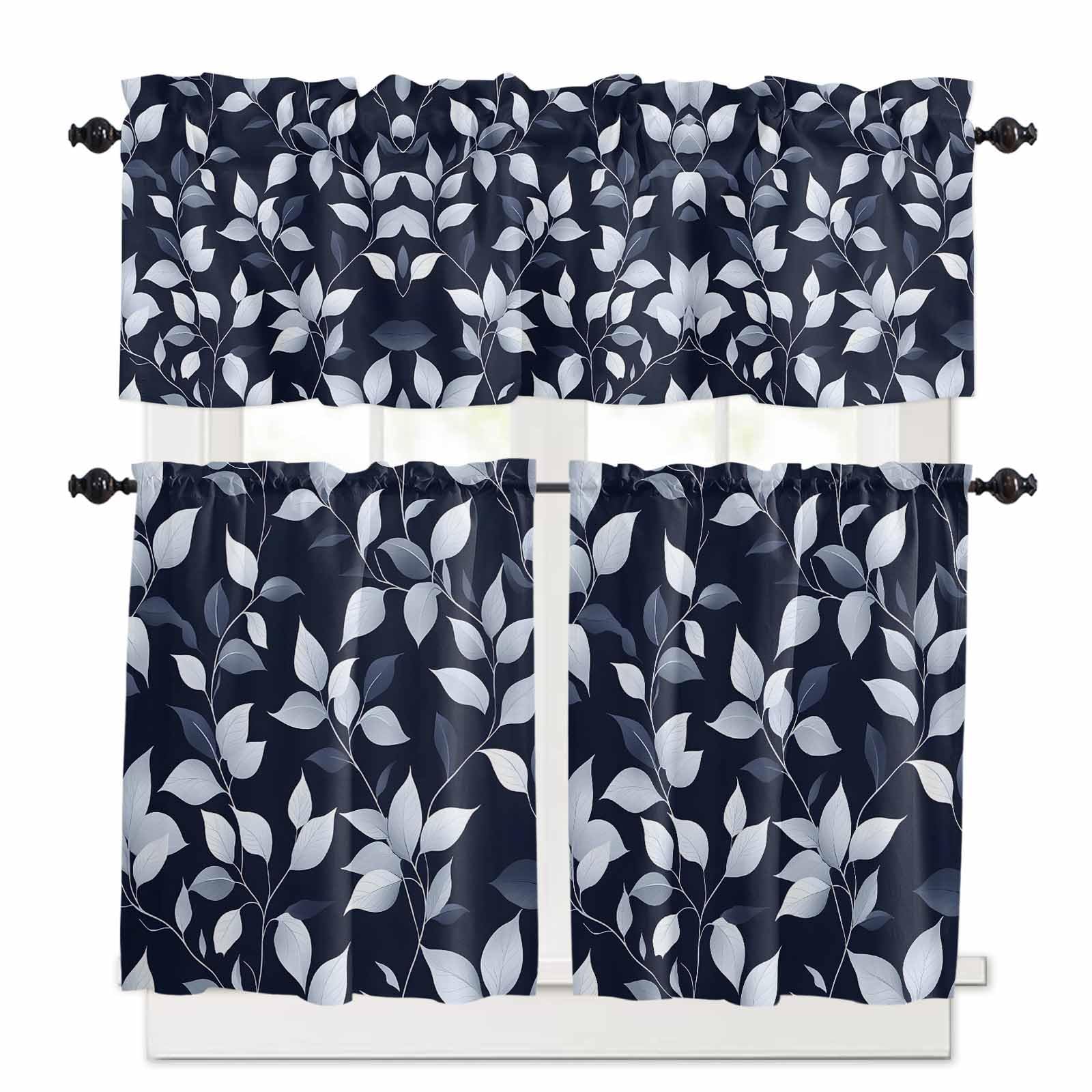 Blue White Eucalyptus Leaves Kitchen Curtains 24 Inch Length,3 Piece Rod Pocket Small Half Tiers and Valance Set,Spring Summer Watercolor Plant Small Large Window Treatment Decor for Bedroom/Bathroom