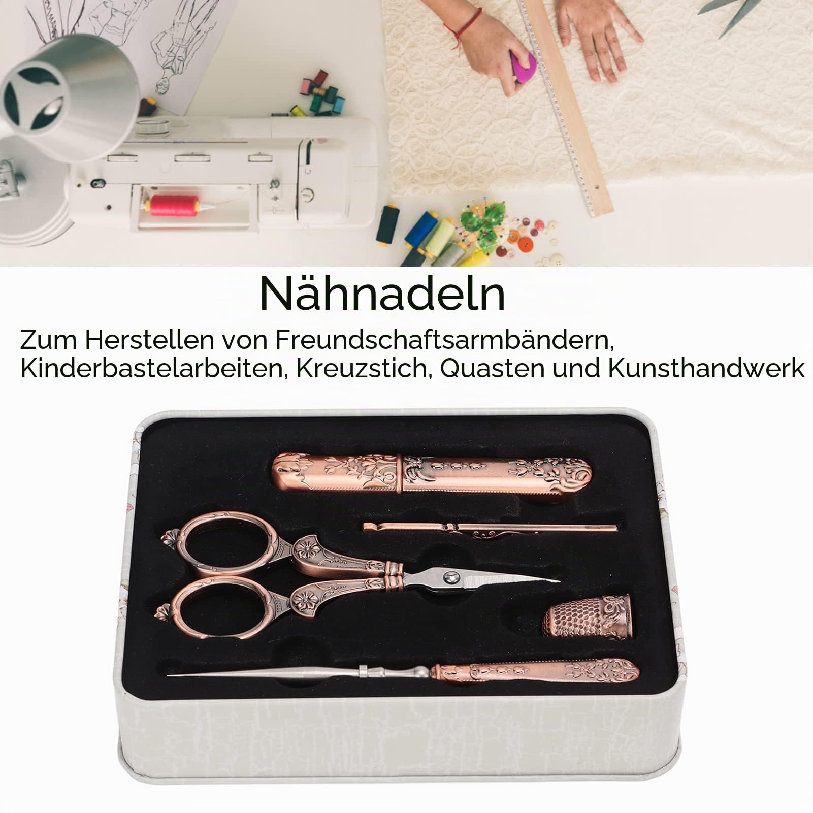 FOUF 5-teiliges Stickscheren-Set, Europäisches Antikes Vintage-Nähset, Komplettes Vintage-Nähwerkzeug mit Stickschere, Originaletui, Nähnadeletui, Ahle Zum Nähen, Basteln, Handarbeiten