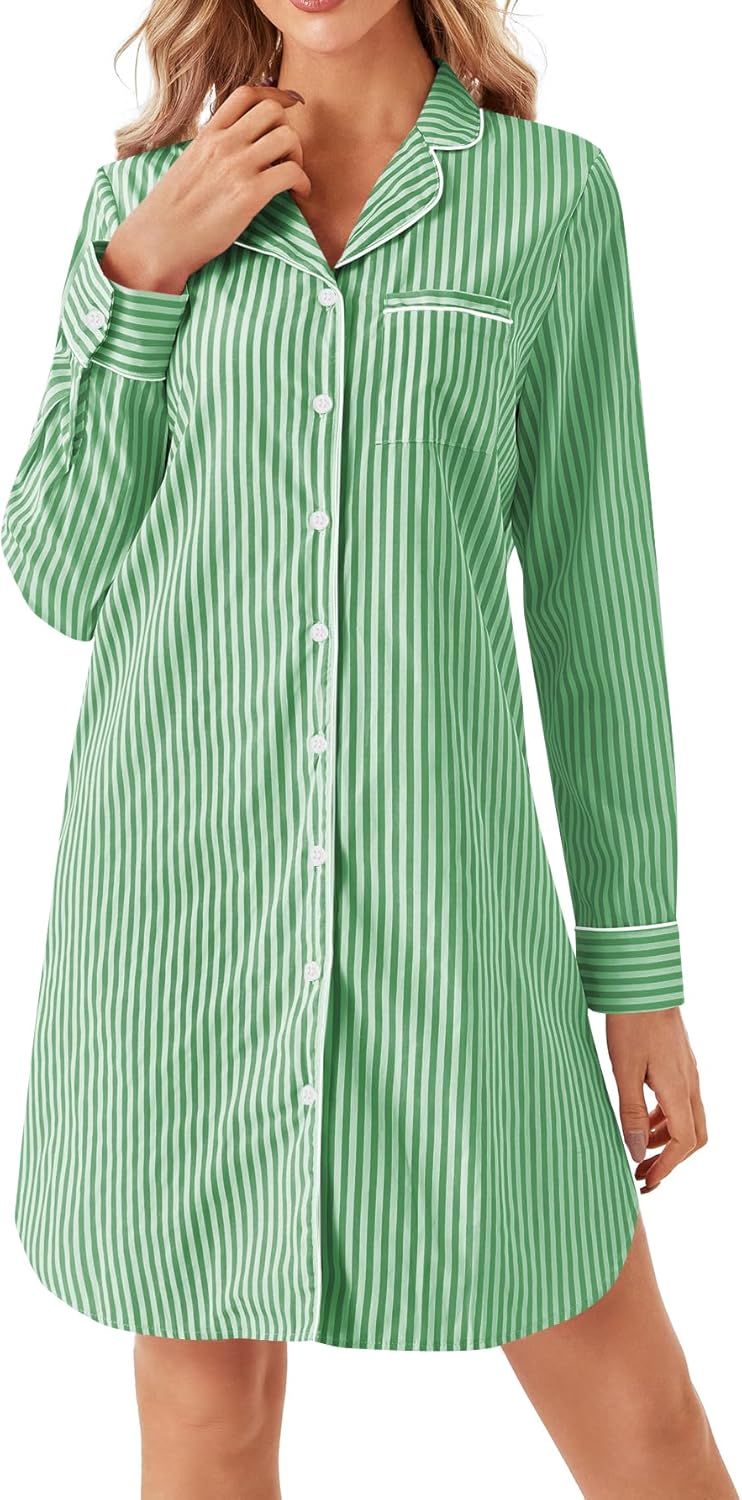 Vrtige Women’s Cotton Striped Nightgown Collar V Neck Long Sleeve Button Down Nightwear Top Sleep Shirts Nightdress Light Green XX-Large