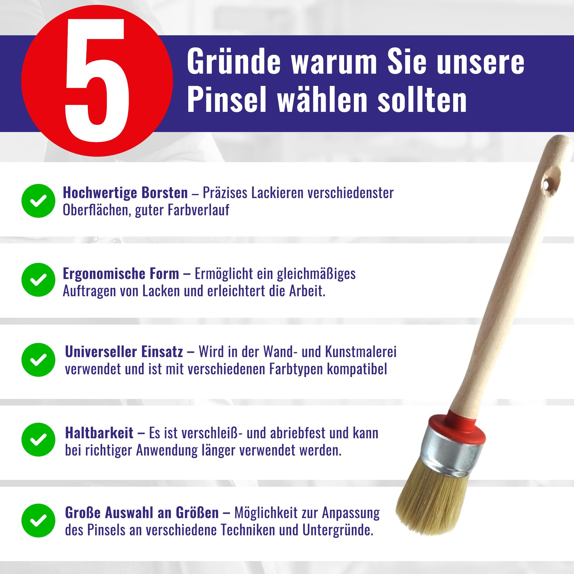 Chle-Mar 5X Wiederverwendbarer Rundpinsel mit Holzgriff 70mm