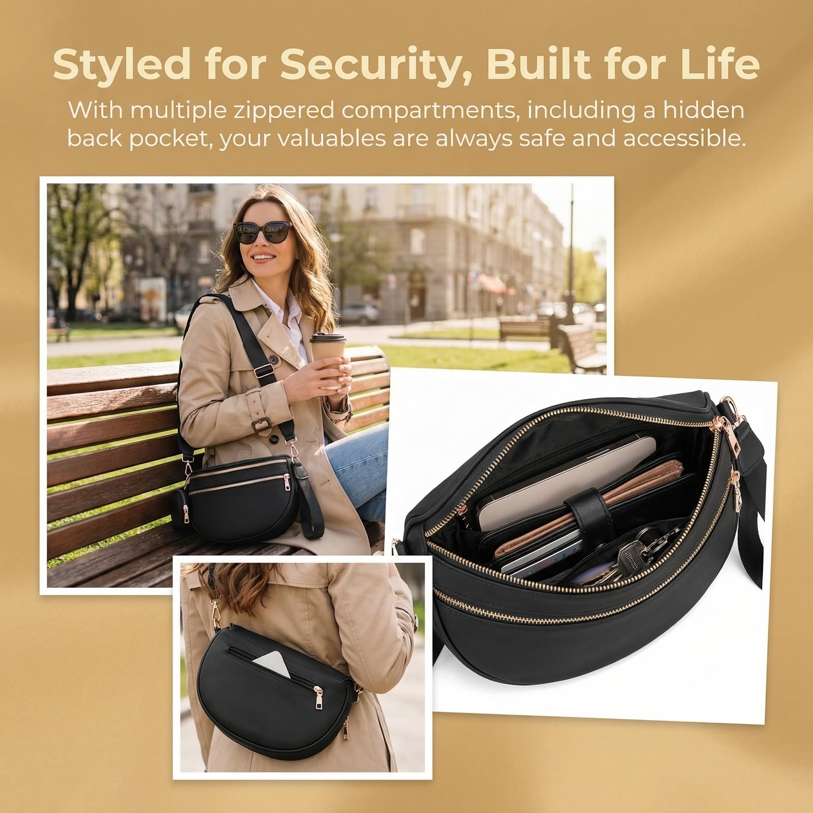 EMMAFY Women's Crossbody Bag, Waterproof Oxford Cloth Waist Bag with Adjustable Shoulder Strap, Suitable for Travel, Work and Commuting. (Black) - 5