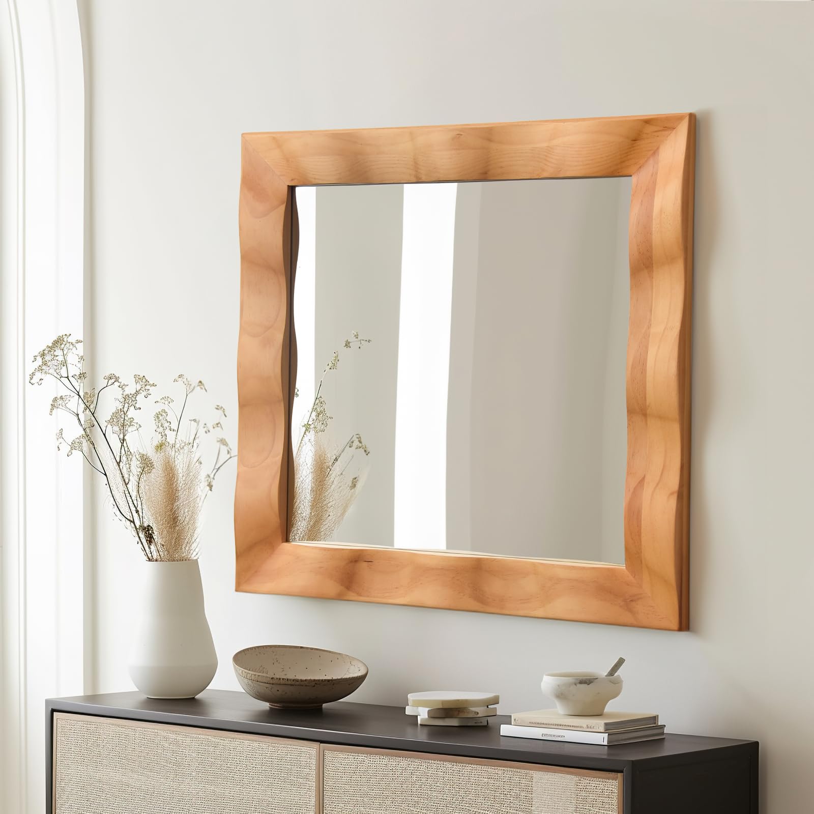 Gumcoly Espejo Asimetrico Pared, Espejo Madera Pared, Espejo Pared Grande, 60CM Espejo Decorativo Pared, Espejo recibidor Entrada Marrón