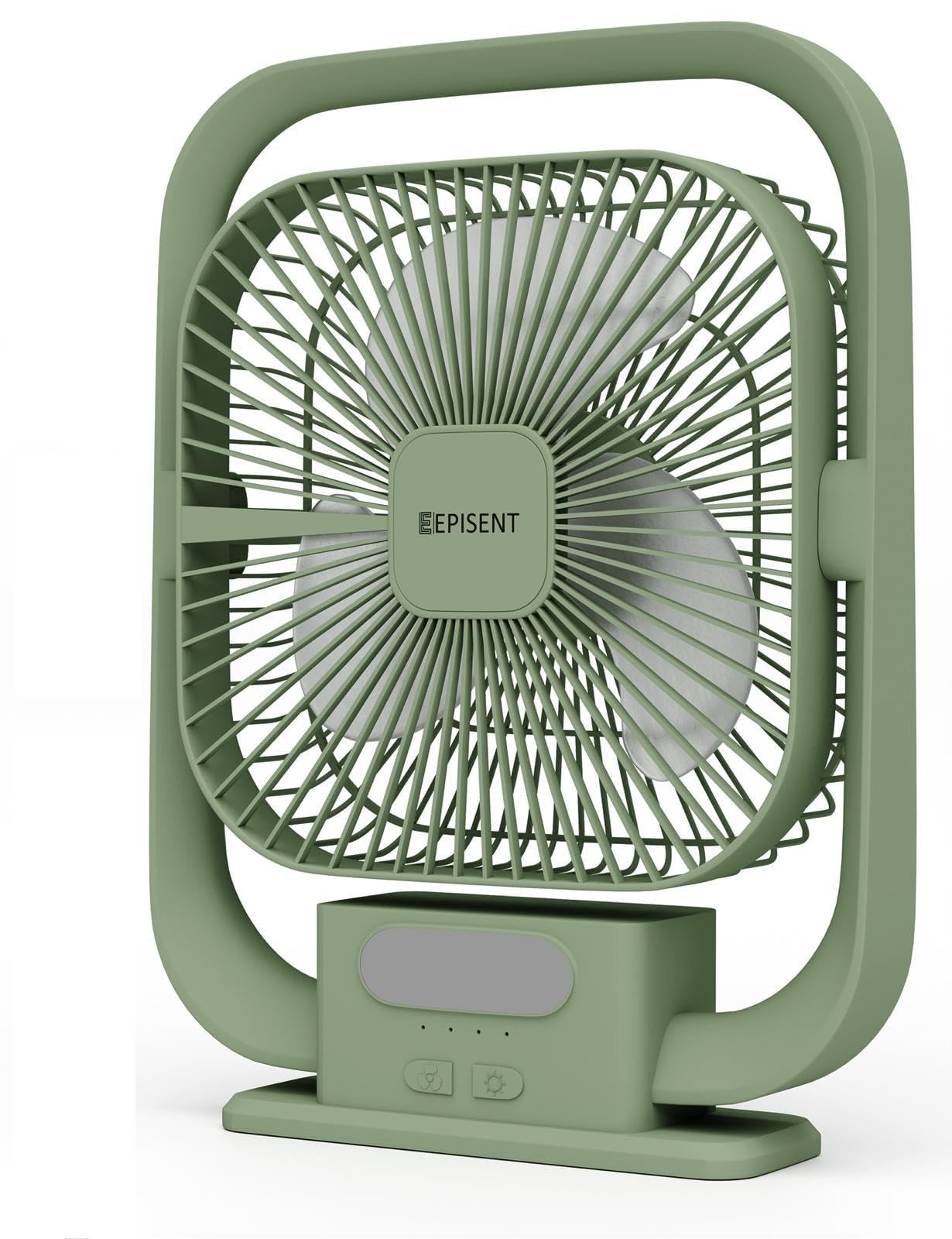 EPISENT Small Desk Fan USB Rechargeable Up to 6 Hours, Silent Powerful Desktop Fan with LED Light, Portable Table Fan for Bedroom, Office & Travel, Quiet Cooling Fan with Adjustable Tilt (Green)
