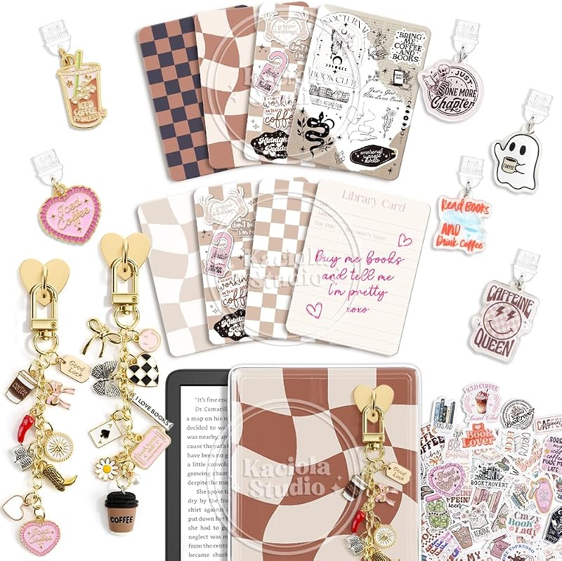 KACIOLA STUDIO 8PCS Inserts Set for E-reader, 6 Type C Charms and 2 Charm Chain with 50PCS Stickers for E-reader, 6.9"x4.8" Insert Coffee Theme for Paper White11th/12th, Gifts for Booklovers