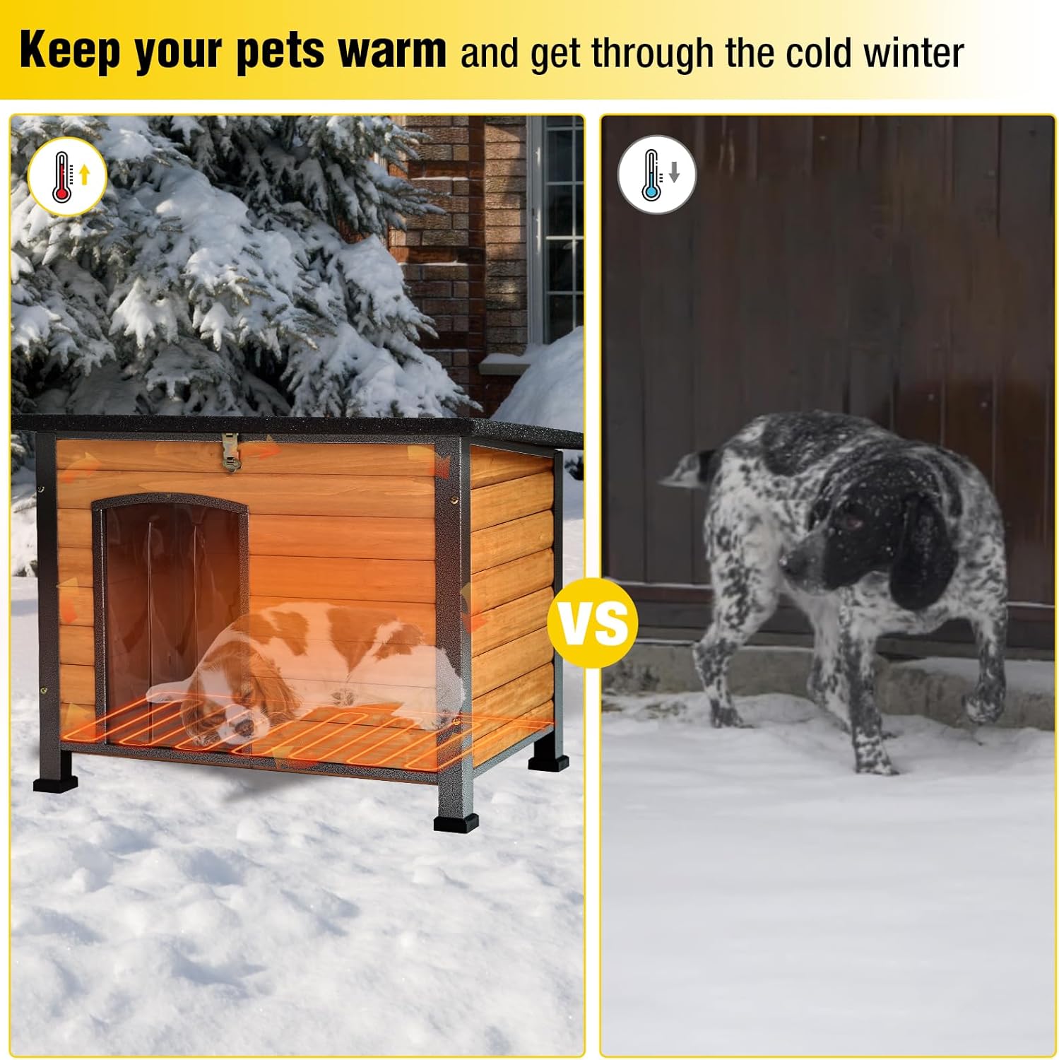AIVITUVIN Outdoor Heated Dog House Anti Chewing Iron Frame Insulated Dog Kennel with Heating Pad Weatherproof Shelter （Brown,M）