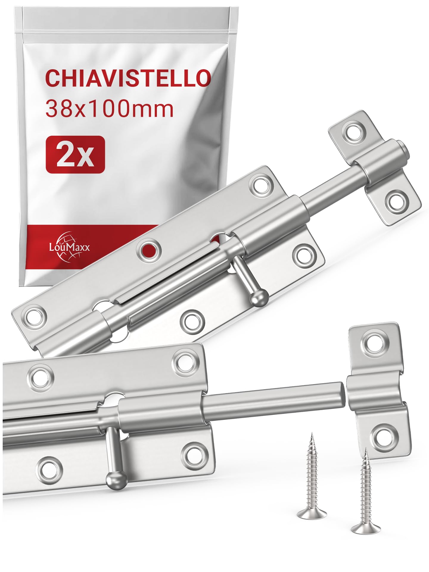 LouMaxx Set di 2 Chiavistelli per Porte - Catenaccio Porta 38x100 mm - Viti Incluse – Chiavistello di Sicurezza – Serratura Porta Interna - Bullone – Serratura di Sicurezza