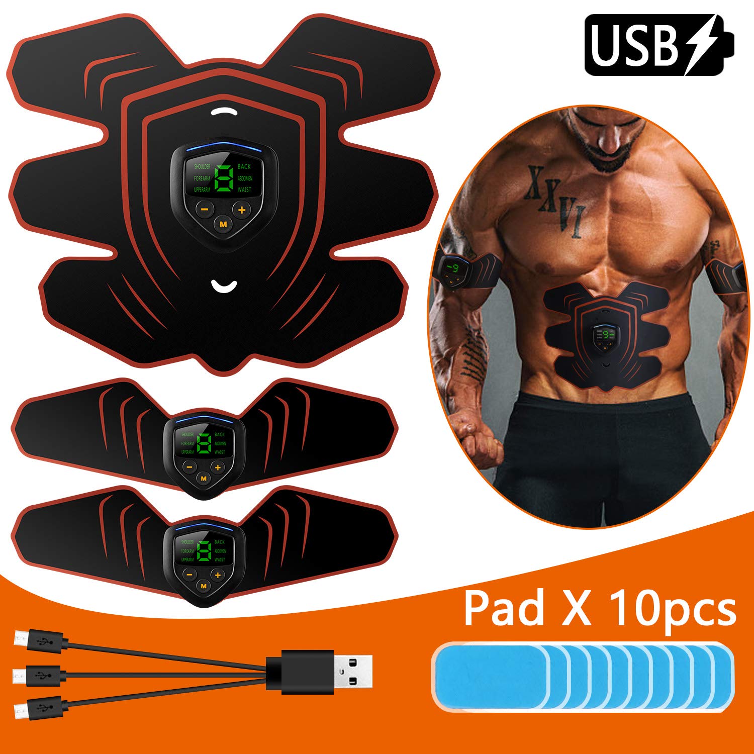 Abs Trainer Muscle Toner, EMS Muscle Stimulator with LCD Display & USB Rechargeable & 12PCS Replacement Gel Pads, Muscle Training Ab Belt Fitness Training Gear for Men & Women