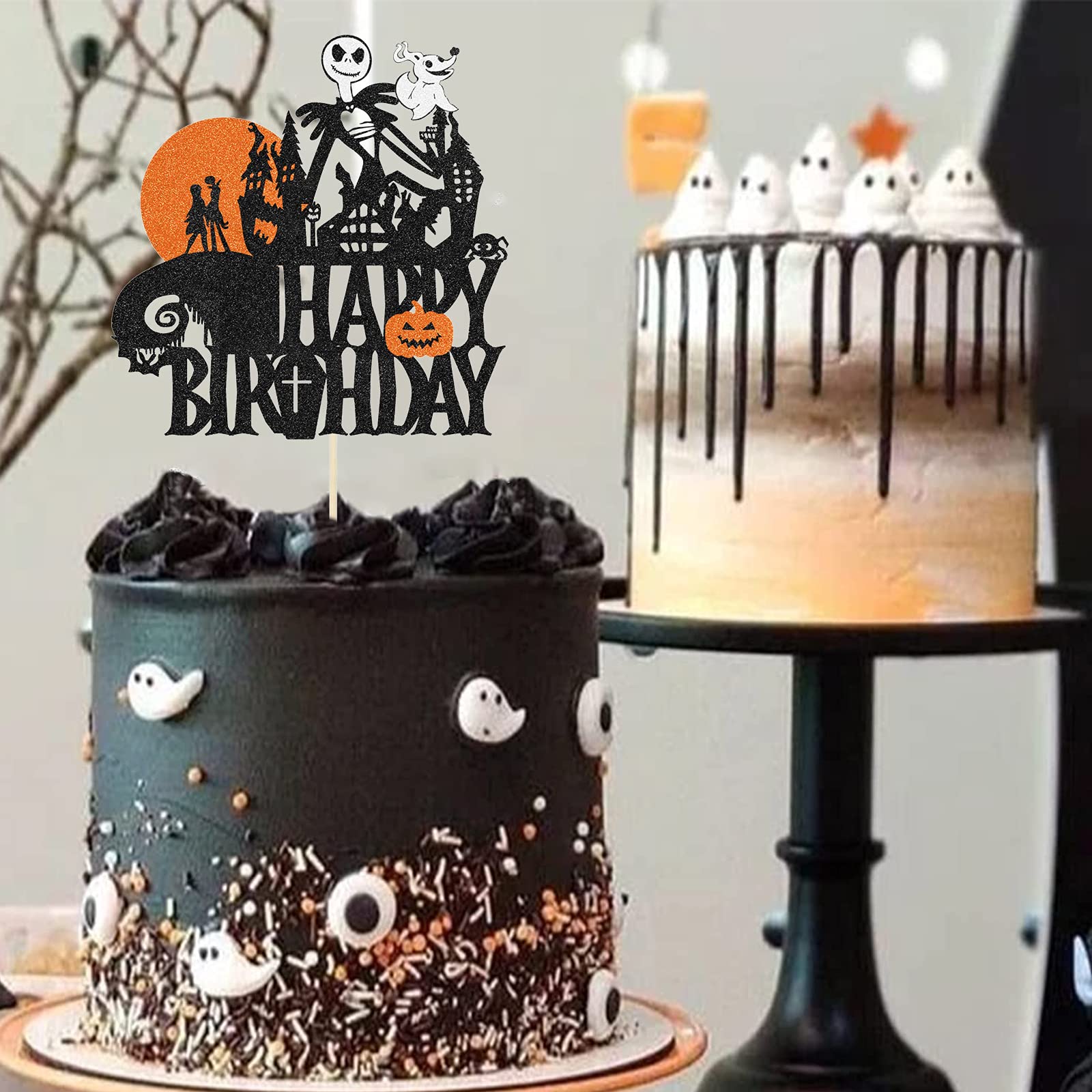 Halloween Happy Birthday Cake Topper | Glitter Jack & Sally Pumpkin Bat Castle Ghost Cake Pick - View #14