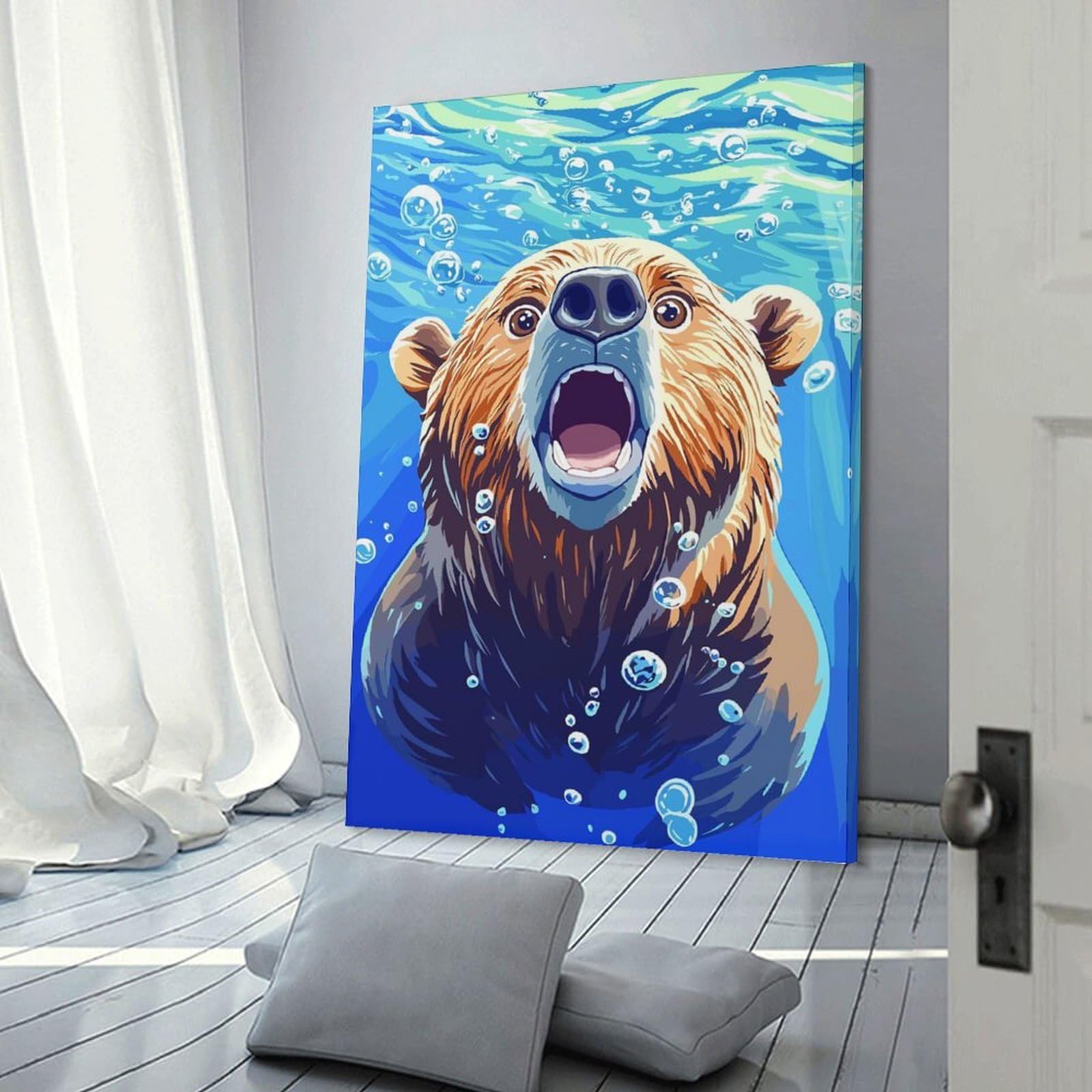 Junmoney Frame-Style-1 Decorative Wall Artwork Surprised Bear Underwater With Bubbles, 16X24inch(40X60cm), For Contemporary Homes, Apartments Or Offices, An Easy Choice For New Home Styling