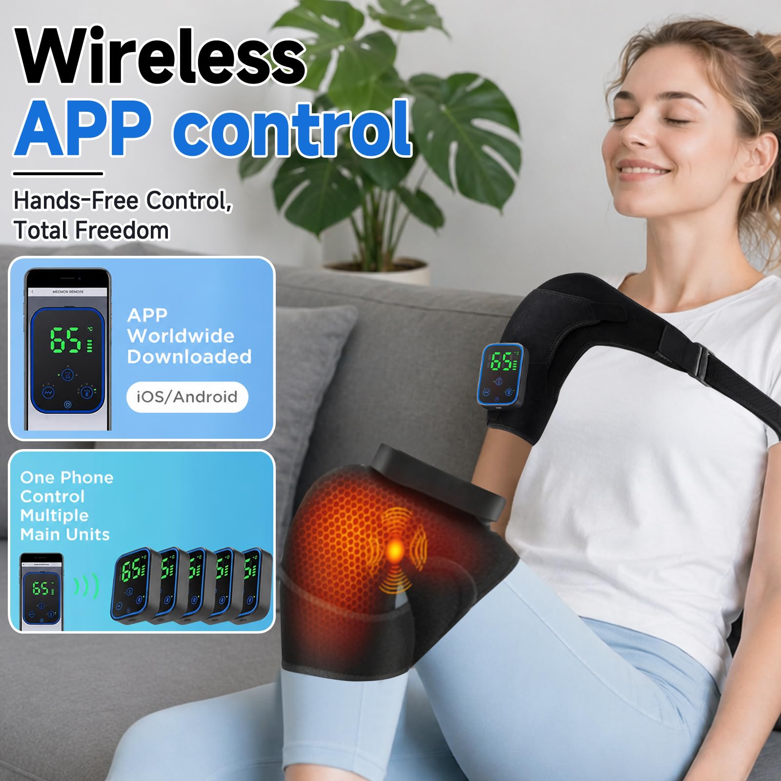 Triple méthode - Genouillère chauffante sans fil - Appareil de massage des épaules - Coussin chauffant pour genoux - Avec contrôle tactile - 5000 mAh - Minuterie à 3 niveaux