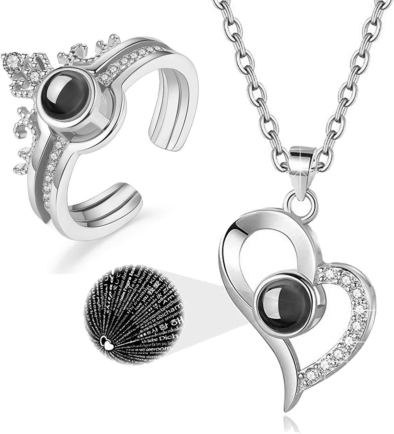 2Pcs/Set 100 Languages Necklace + Ring for Women - I Love You Projective Pendant and Loving Memory Crown Ring Set
