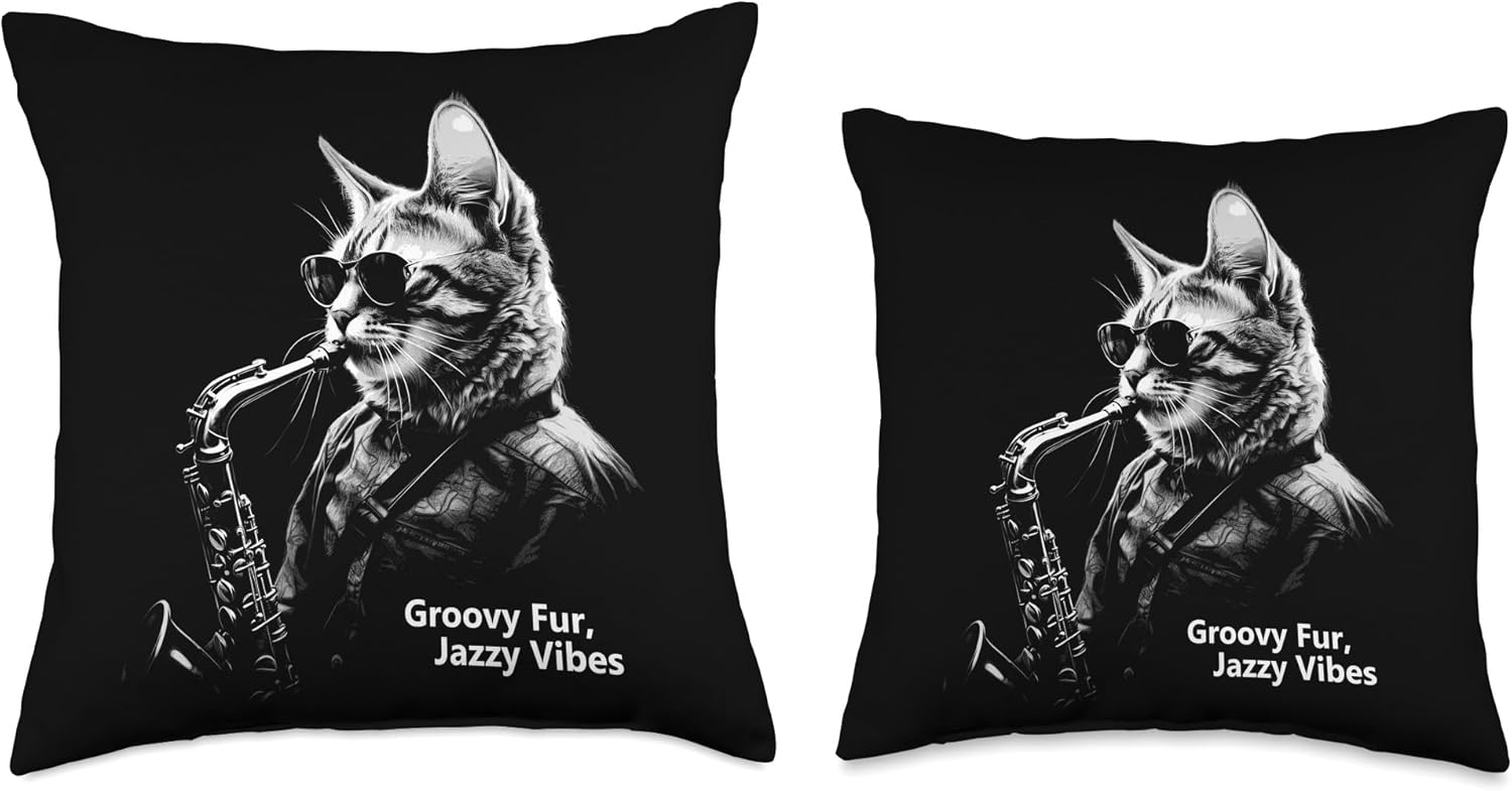 Jazz Cat Playing Saxophone Groove Music Throw Pillow