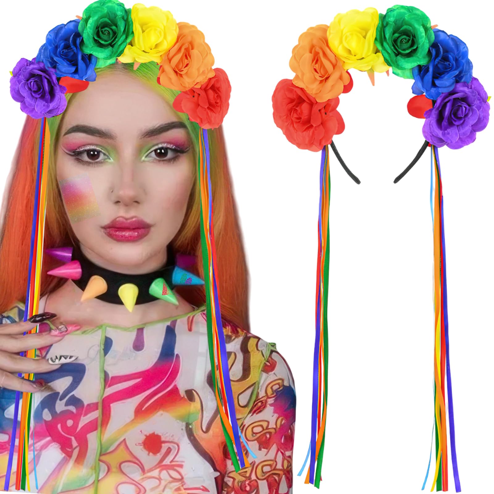 AUOCATTAIL Rainbow Flower Headband for Women Pride Rose Floral Crown with Rainbow Ribbon Tassels for LGBTQ Gay Pride Day Halloween Day Carnival Party