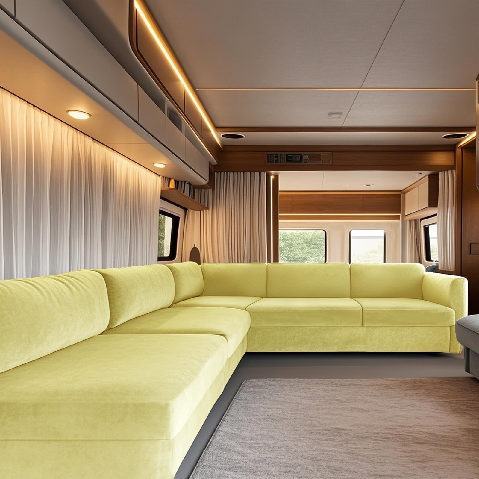 Caravan Kussenhoes Fluwelen RV Dinette Kussenhoezen Stretch Wasbare Caravankussens Stoelhoezen Voor Camper Aanhanger Autozitjes (Geel,B 160-190 cm,D 90-110 cm