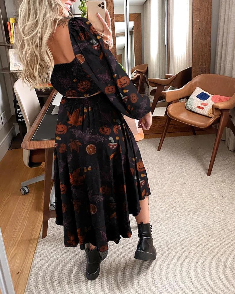 Women Two Piece Midi Skirt Set Halloween Pumpkin Ghost Outfits Casual Strapless Long Sleeve Matching Gothic Dress