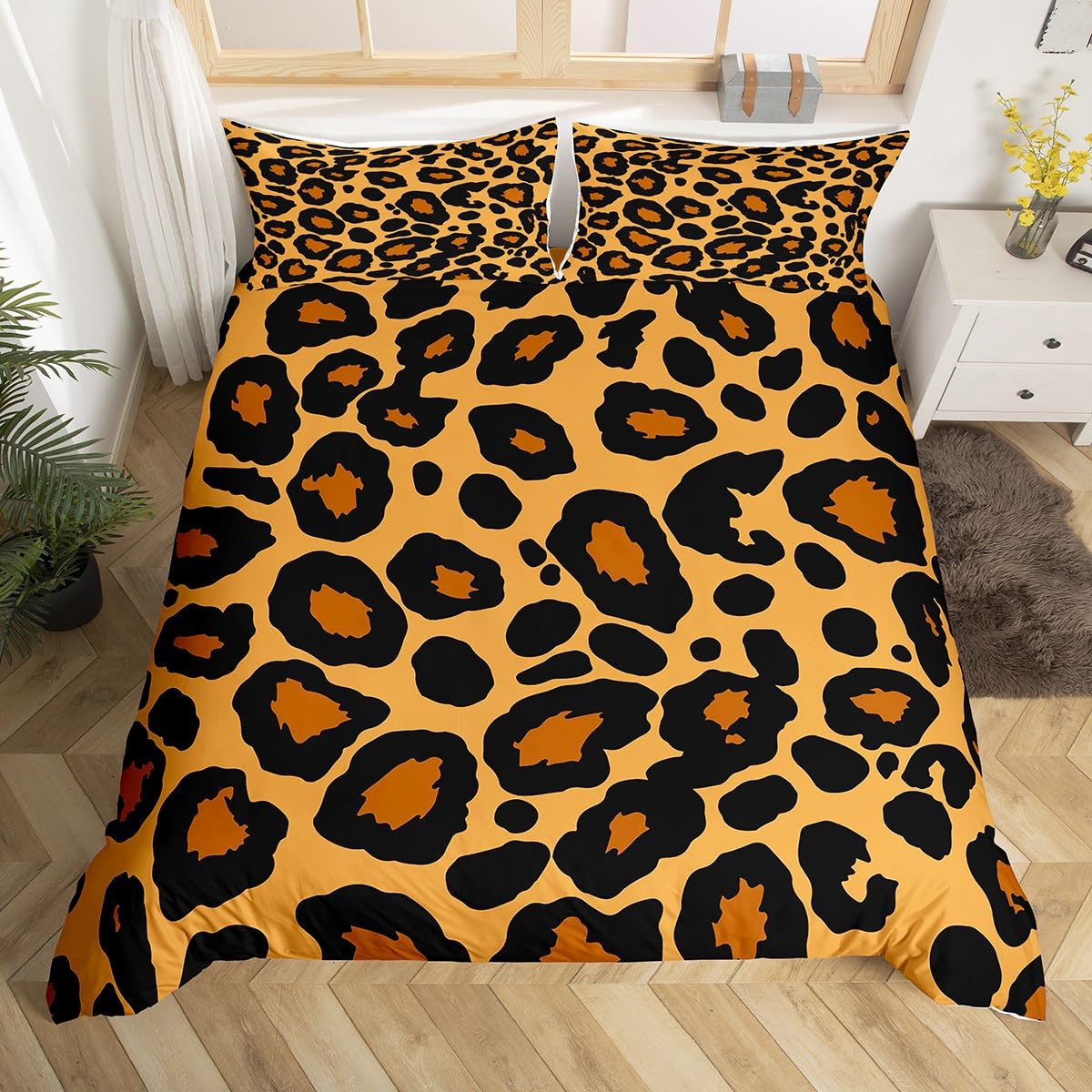 Homemissing Brown Leopard Duvet Cover Set King Size For Kids Boys Girls Teens Cheetah Bedding Set Animal Print Comforter Cover with 2 Pillowcases