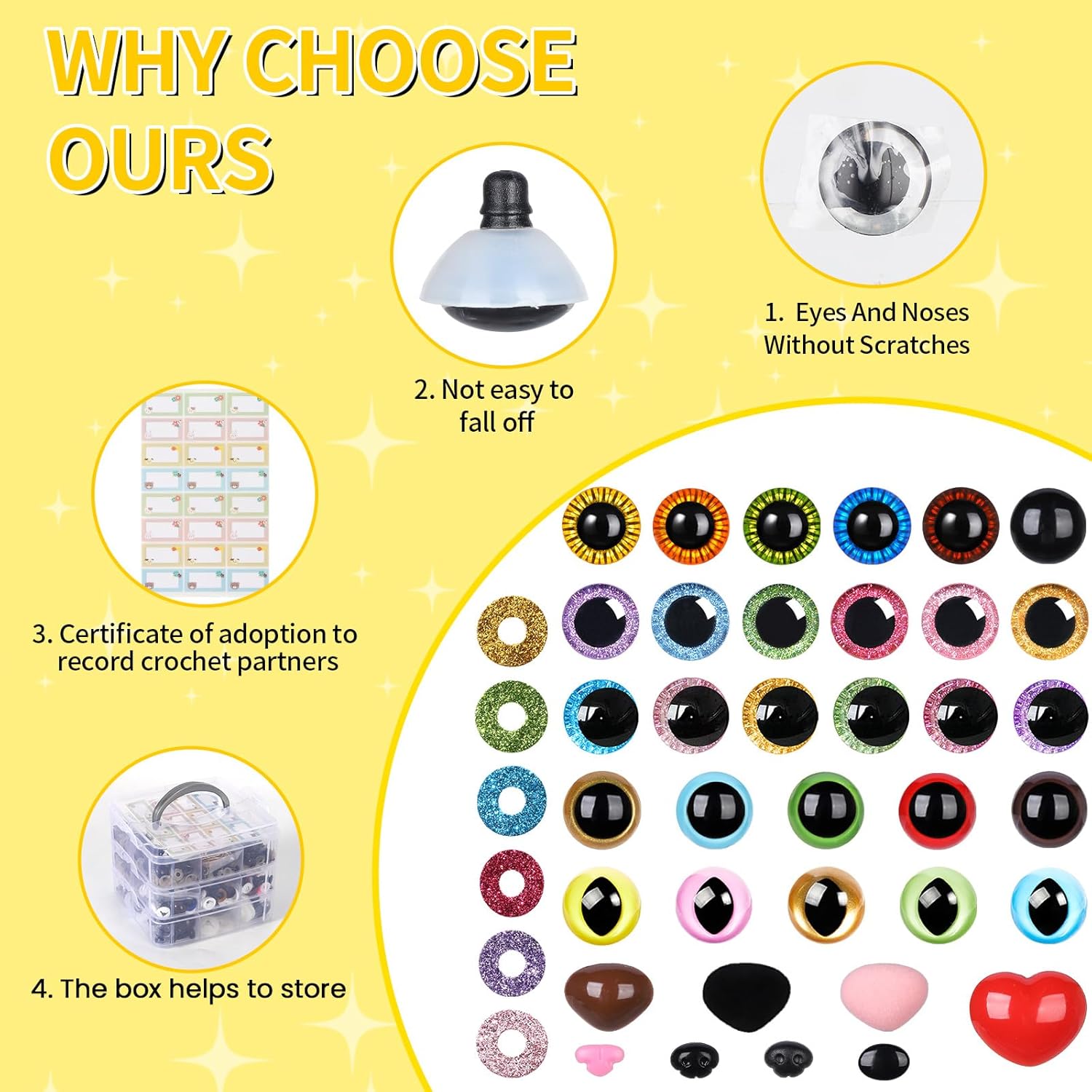 MUCUNNIA 870PCS Safety Eyes for Crocheting with Washers 3D Safety Eyes and Noses Set Amigurumi Eyes for Crochet Animals Glitter Crochet Eyes for Stuffed Animals DIY Christmas Decorations Various Sizes