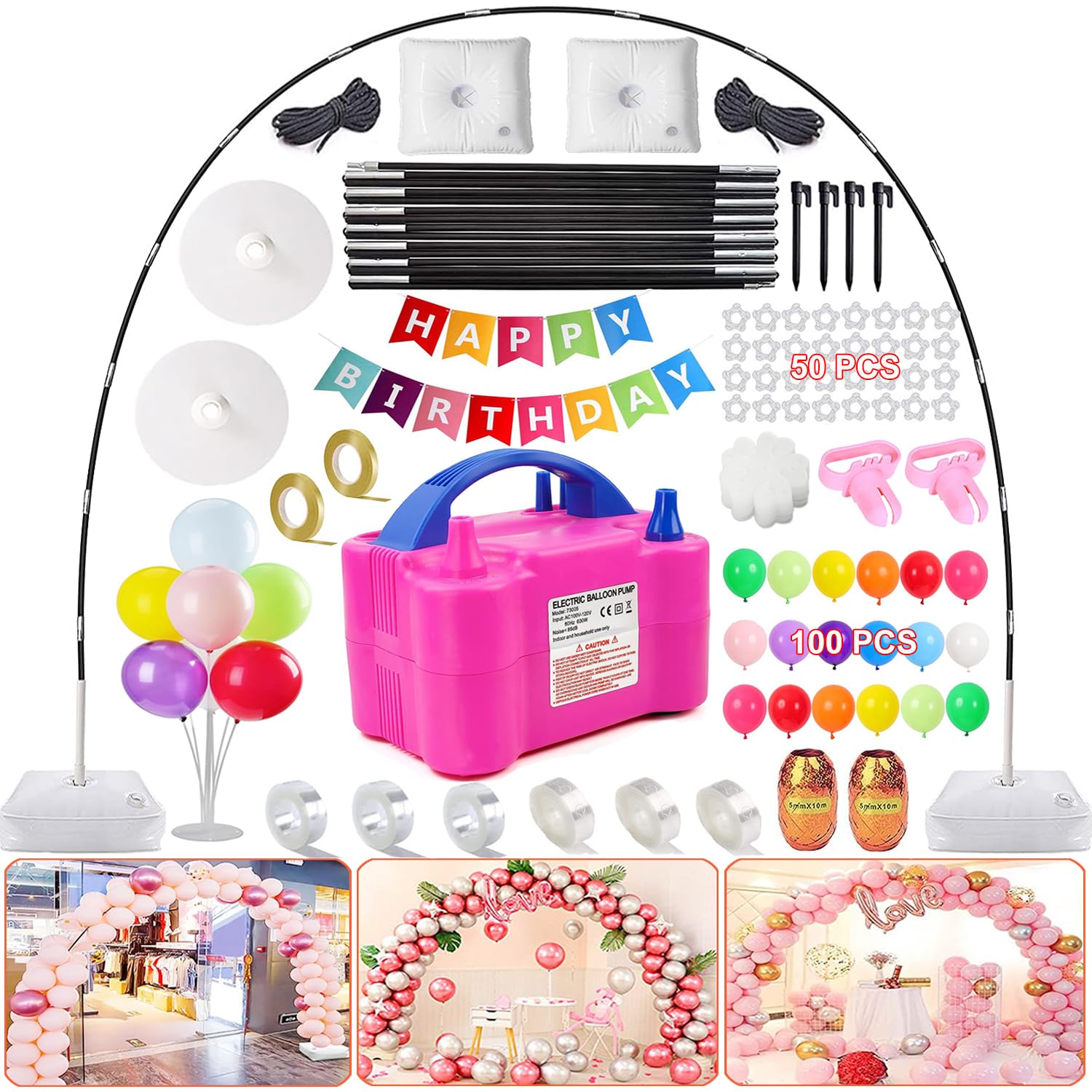 balloon arch kit with balloon pump, 9ft tall & 10ft wide adjustable balloon arch stand portable balloon pump electric with 100 balloons, balloon banners for party birthday wedding festival decoration
