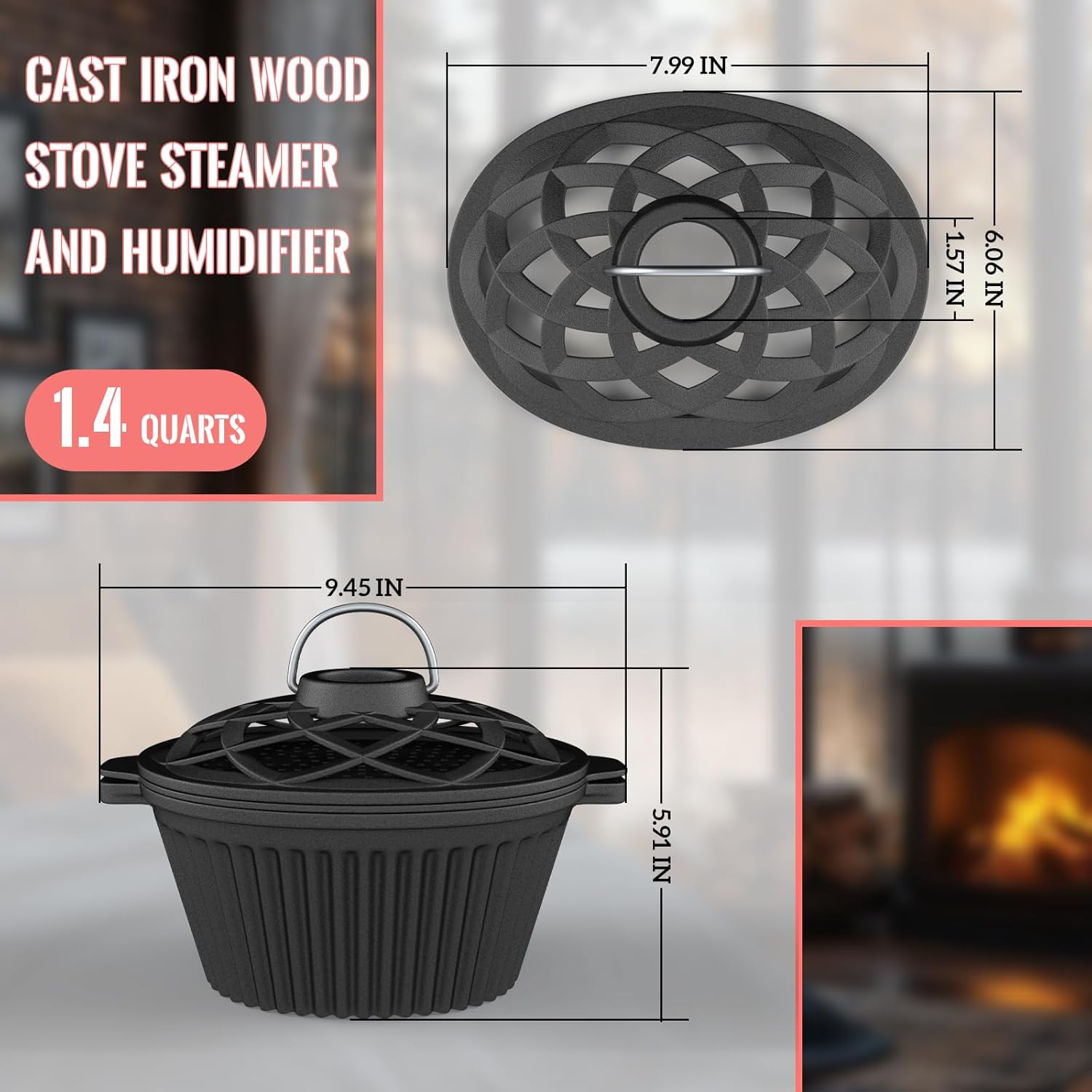 Wood Stove Steamer & Garlic Roaster Set with 4 Iron Fish - Fireplace Humidifier, Vegetable Steamer, Smoker Box for BBQ, Oven, and Stovetop Cooking