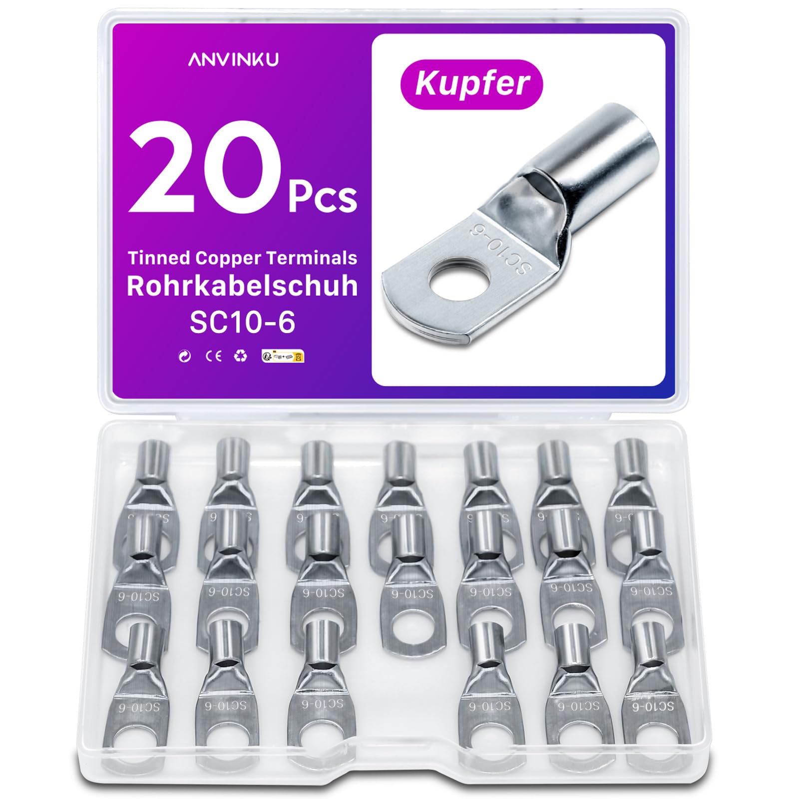 20 Stück Rohrkabelschuh 10mm2 M6 Kabelschuhe Set, ANVINKU Rohrkabelschuhe Set für Kfz Batteriekabel Set, Kabelschuh Sortiment, SC Rohrkabelschuh Set, 10mm² Kabelschuhe für Auto Motorräder Boote
