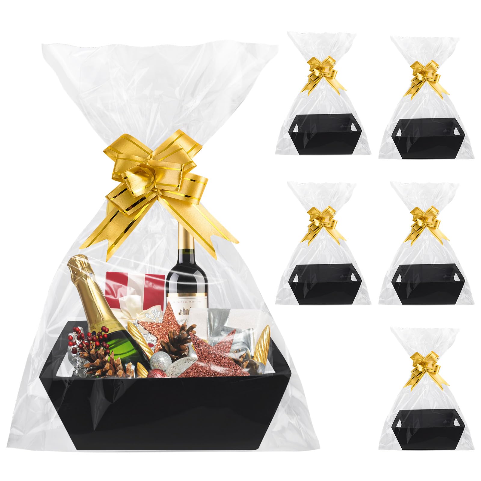 Mimorou Geschenkkörbe-Set – 6 Leere Körbe, 6 Transparente Tüten, 10 Schleifen, Schwarz, Ideal Für Hochzeit & Geburtstag