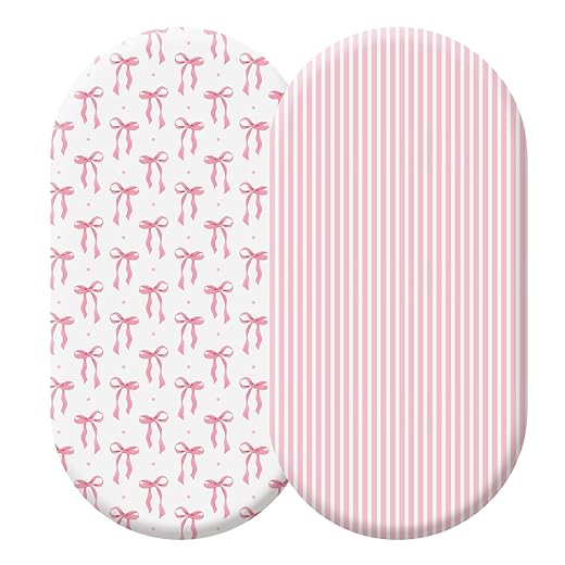 Oudain 2 Pack Pink Baby Bassinet Sheets Girls Bow Coquette 32'' x 16" Stretchable Soft Crib Sheets Cradle Bed Set Fitted Cover for Oval Rectangle Hourglass Mattress Infant Nursery Toddler Room Decor