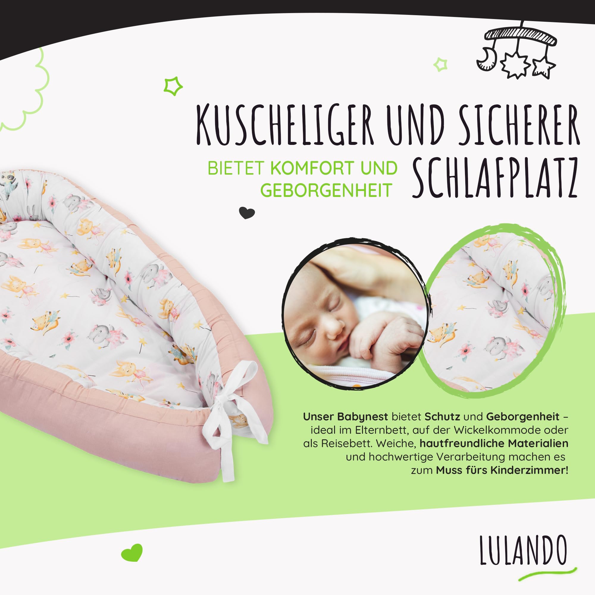 LULANDO® Nido de bebé - Estándar 100 de Oeko-Tex - nido de envoltura multifuncional para bebés y recién nacidos - Nestchen - cuna de viaje - 100% algodón - antialérgico - fabricado en la UE