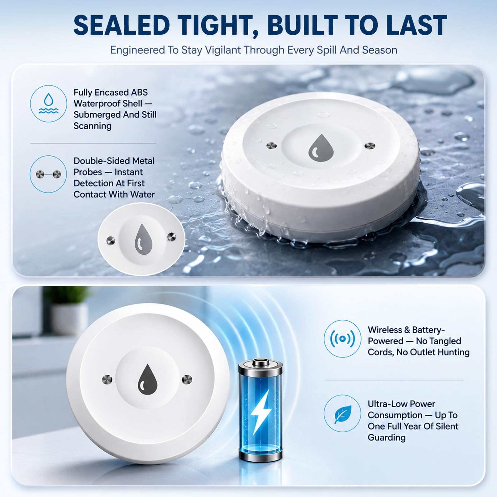 Lot de 4 détecteurs de fuites d'eau avec notification d'application, capteur intelligent Wi-Fi 2,4 G, étanchéité IP67, alimenté par piles, alerte de gel, pour cuisine, salle de bain, cave, compatible