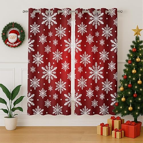 Miniatura 3 de Cortinas opacas de Navidad para niñas y niños, decoración del hogar, decoración navideña, copos de nieve rojos, con ojales, aislamiento térmico,