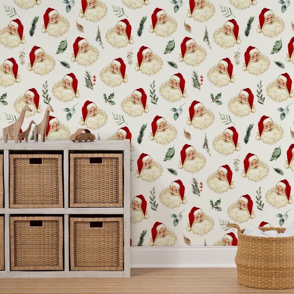 Peel & Stick Wallpaper 3ft x 2ft - Vintage Christmas Ivory Red Green Winter Holiday North Pole Vintage Santa Claus Custom Removable Wallpaper by Spoonflower