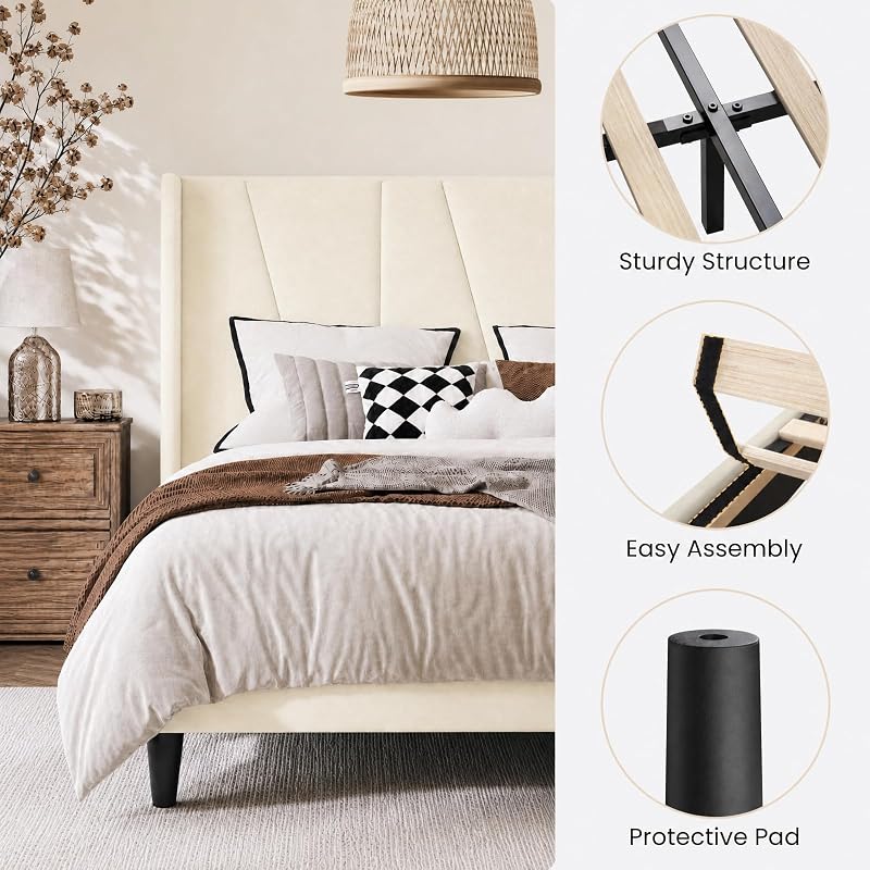 SHA CERLIN King Upholstered Bed Frame with Headboard, Cream image 7