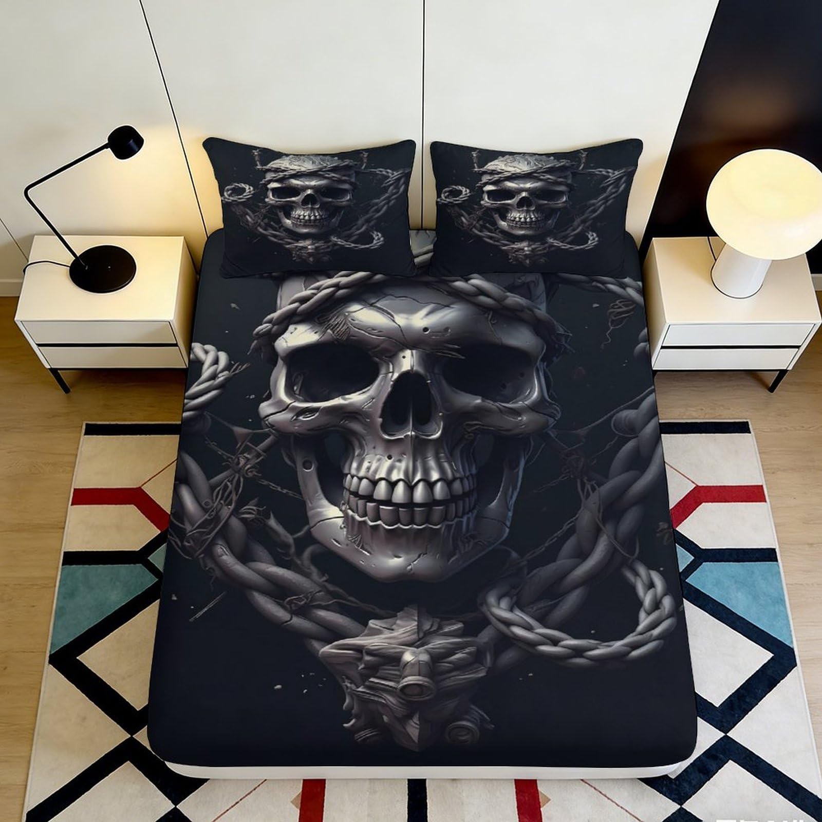 3D Printed Pirate Skull Fitted Sheet Microfiber Black Gothic Chains Mattress Cover Bedroom Decor Mattress Protector 180x200x25cm