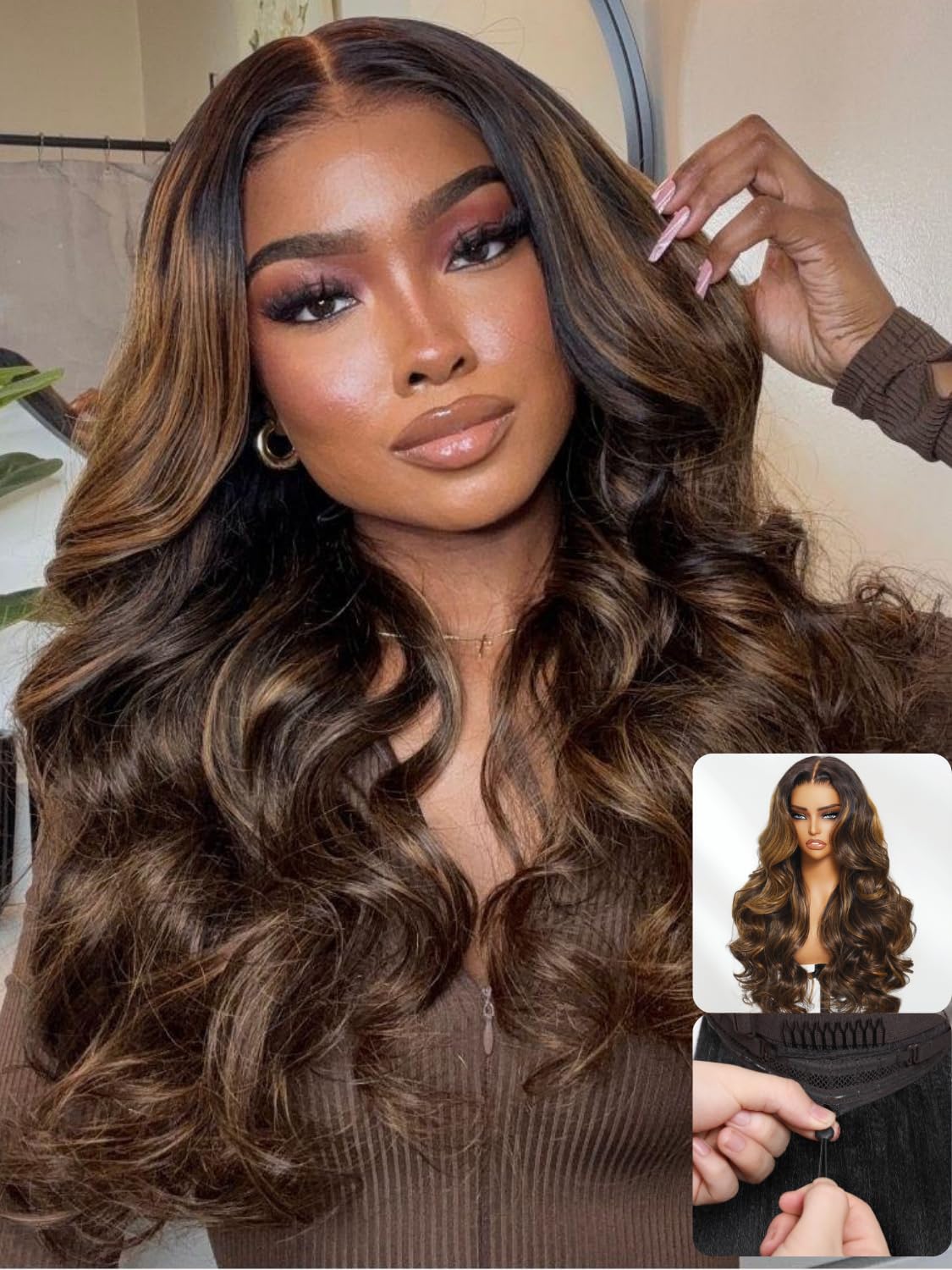 Nadula Bye Bye Knots Glueless Balayage Brown Body Wave Wig Human Hair with Drawstring, Pre Cut 7x5 HD Lace Front Wigs Pre Plucked Bleached Knots Ready to Go Highlight Ombre Wig 150% Density 16inch