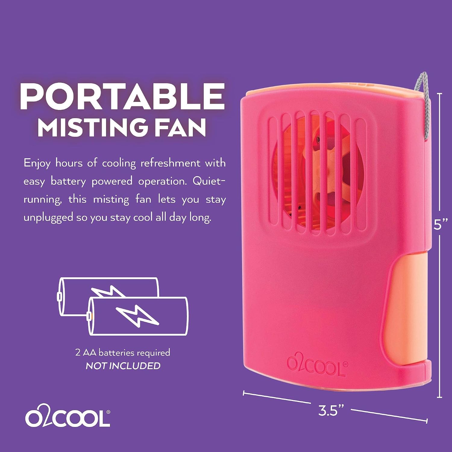 O2COOL Multi-Pack Misting Neck Personal Travel Battery Powered Deluxe Cooling Fan, 2pk Raspberry
