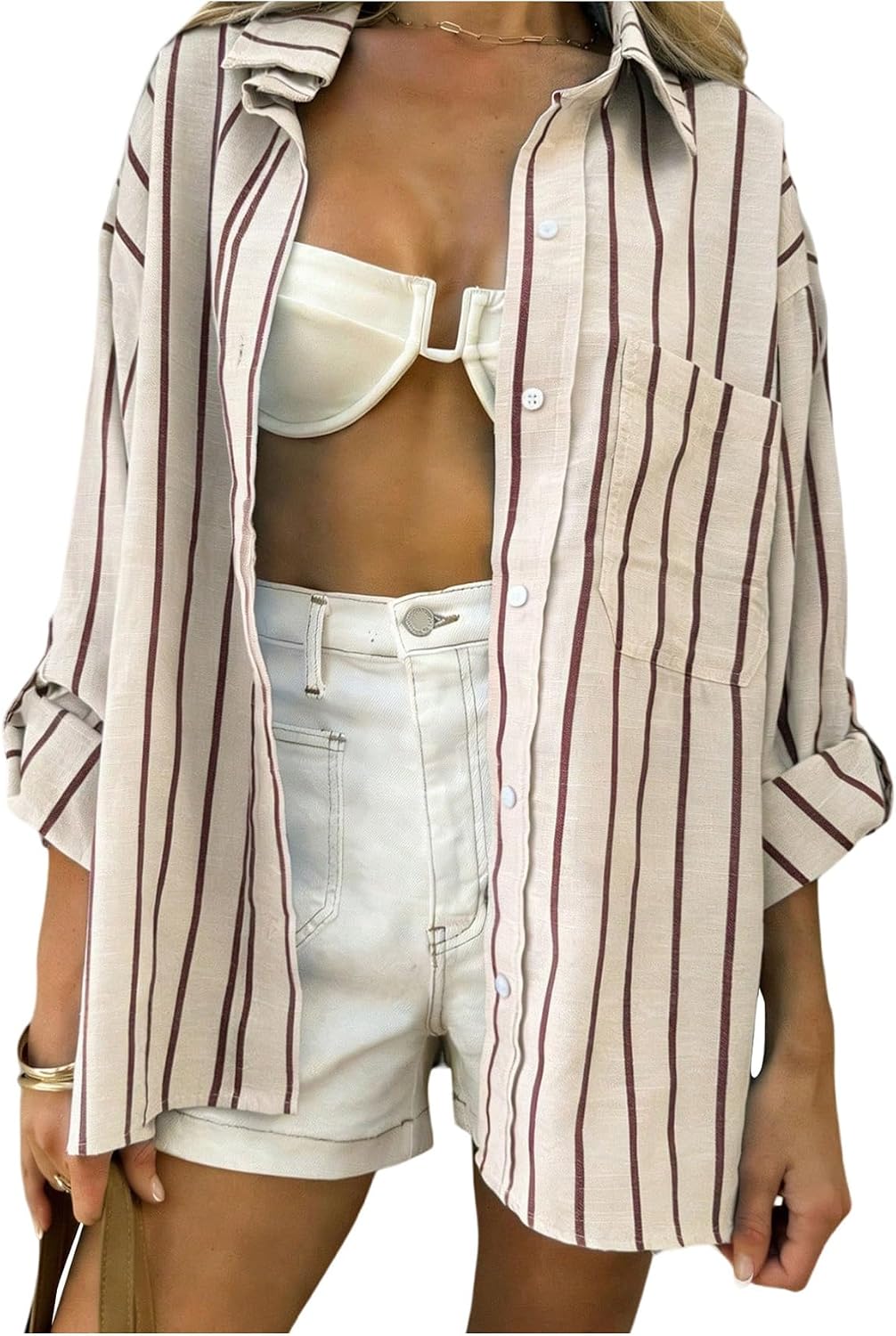 Verdusa Women's Striped Button Down Blouse Oversized Shirts Long Sleeve Tops Summer Vacation Outfits