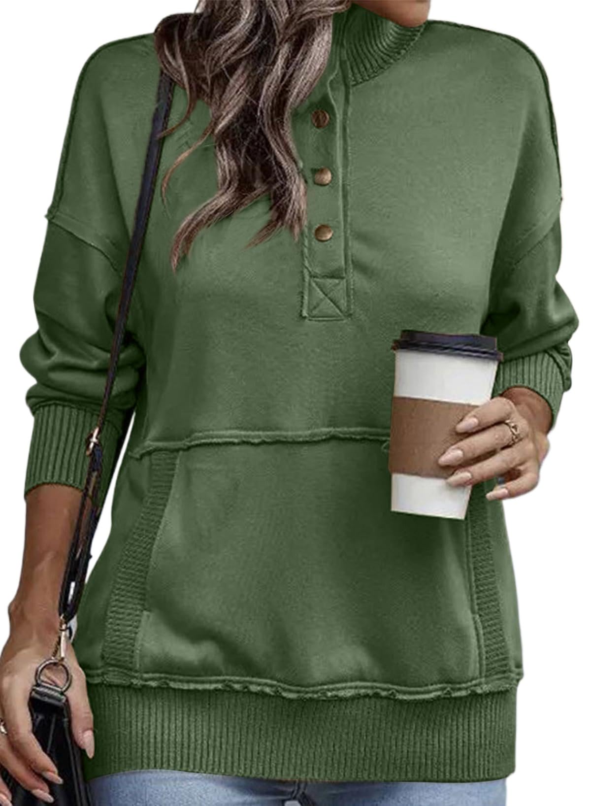 TrendiMax Pullover Damen Herbst Übergangs Sweatshirt Stehkragen Knopfleiste Langarm Pulli Locker Casual Oberteile Streetwear Sweatshirts ohne Kapuze