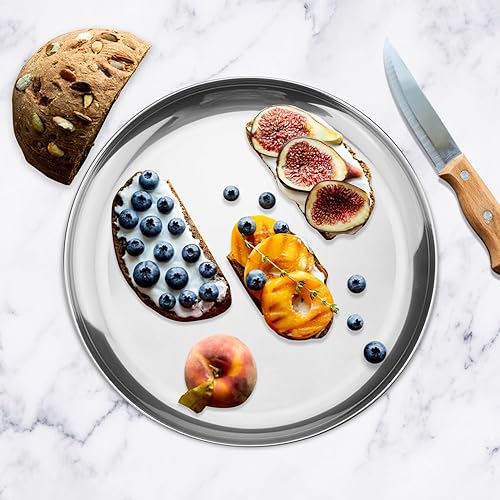 Miniatura 5 de 6 platos de acero inoxidable de 11.8 pulgadas, platos de comedor de metal circulares reutilizables, platos de metal para aperitivos, campamento,