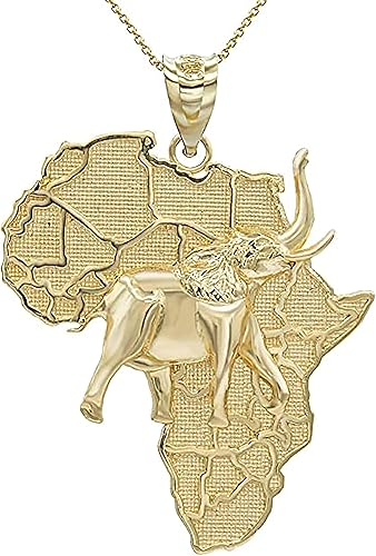 Collar y colgante de elefante con mapa de África de oro amarillo de 14 quilates en oro macizo