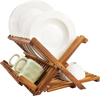Utoplike 3 Tier Collapsible Teak Wood Dish Drying Rack, Foldable Large Capacity Dish Draine, Space-Saving Countertop Kitchen Organizer for Plates, Cups