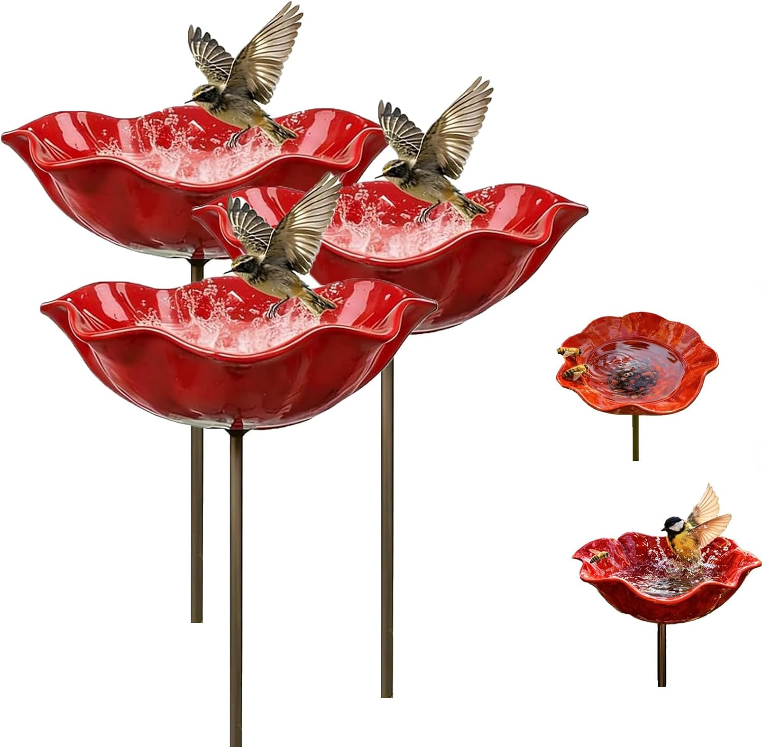Handmade Metal Flower Garden Stake, Bee Bath & Bird Water Bowl,Bee Butterfly Water Feeder with Flower Design, Stake Bird Bath for Garden Lawn Yard Decor (3pcs)