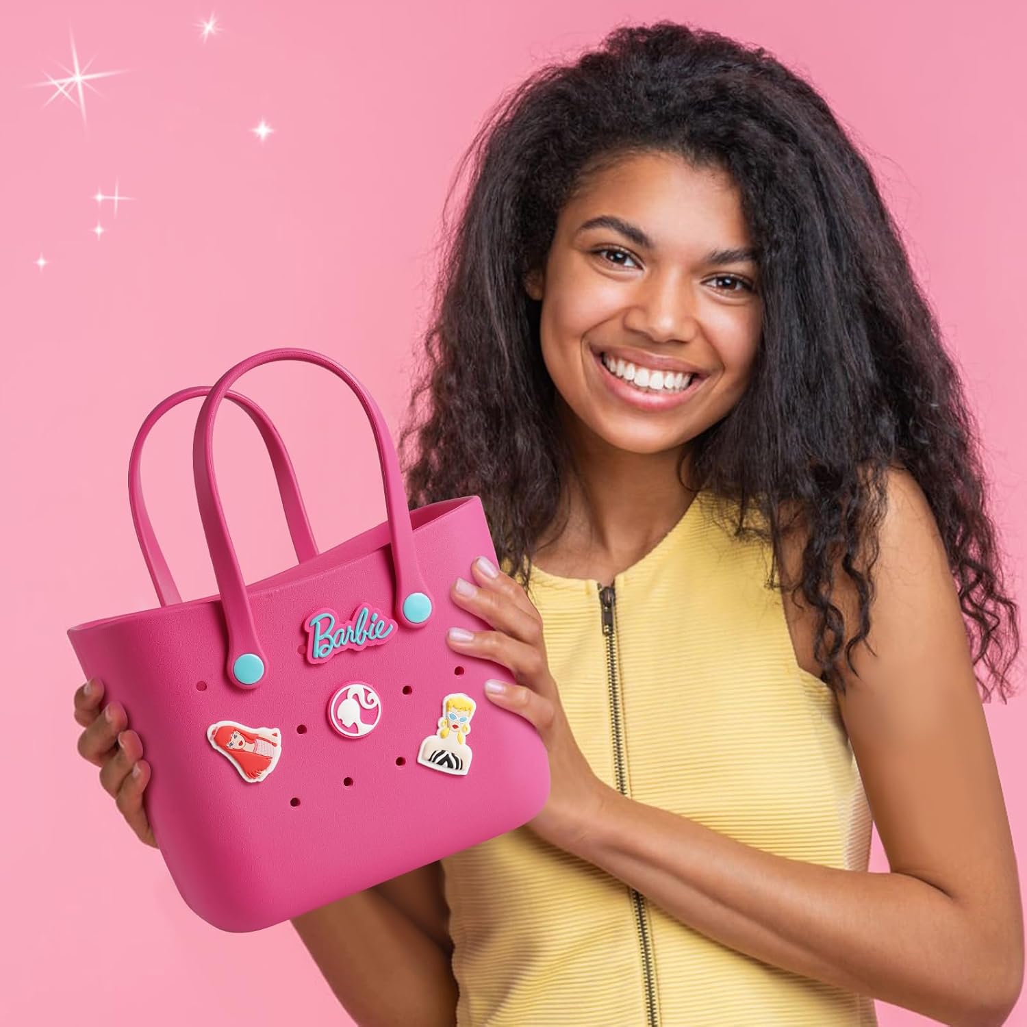 MINISO Barbie Tote Bag, Reusable Small Rubber Waterproof Bag, Cute Design Practical And Portable Handbag for Work Travel (ROSE)