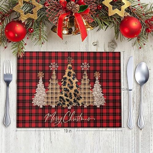 Miniatura 3 de ZHXL - Juego de 4 manteles individuales con diseño de árbol de Navidad con estampado de leopardo, línea de algodón de búfalo rojo, resistentes a las