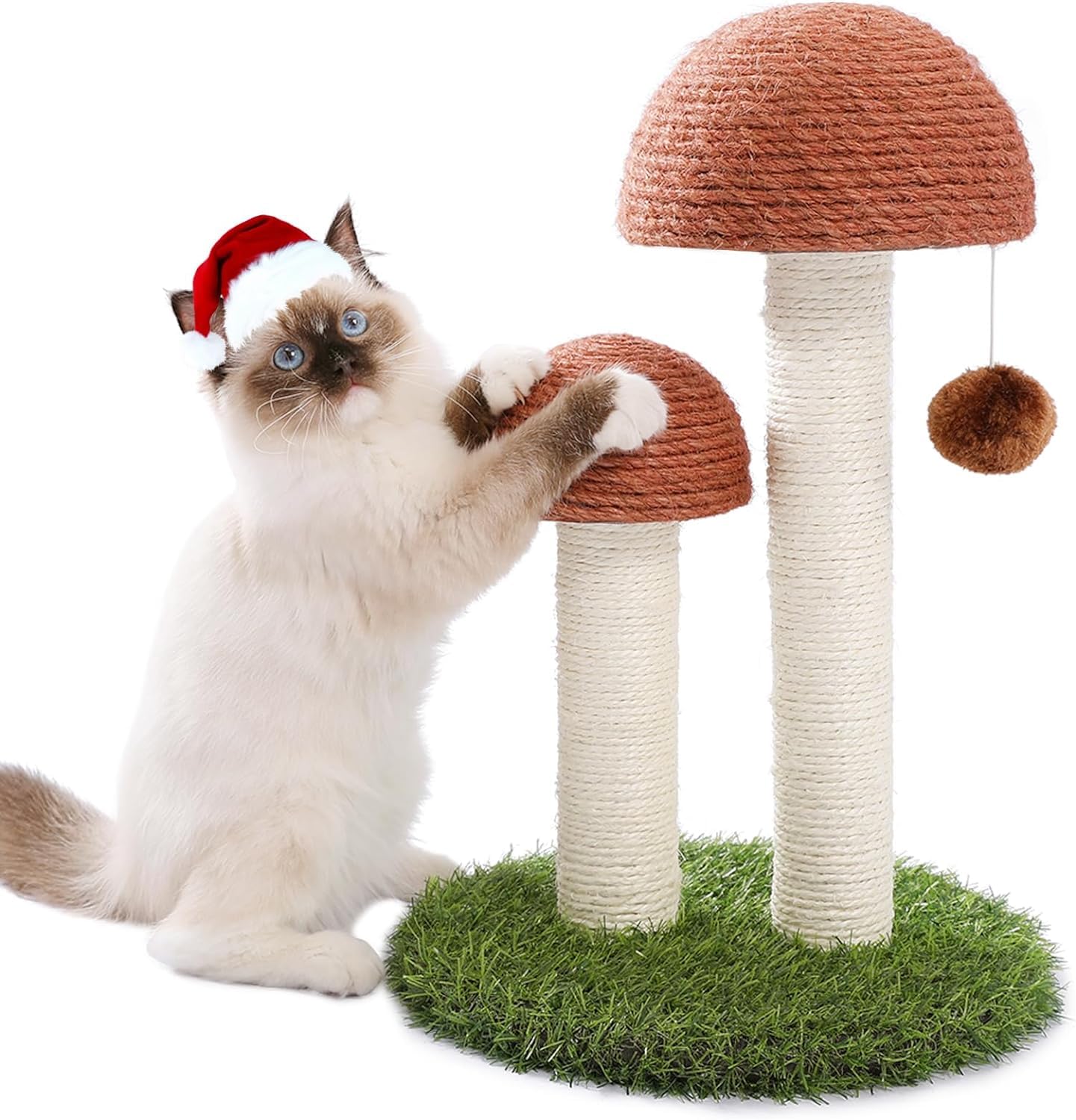 Cat Scratching Post, Mushroom Tall Cat Scratcher Featuring with Natural Sisal Scratching Poles and Interactive Toy Ball for Kittens and Small Cats